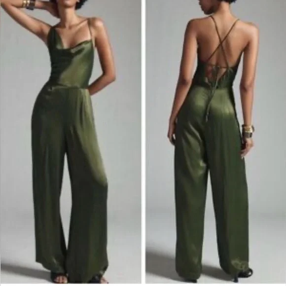 Anthropology Satin Green Jumpsuit Size 8 Wide Leg Strappy Back Elegant Evening